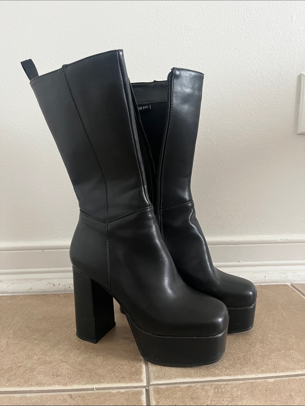 Black Platform Mid-Calf Heeled Boots